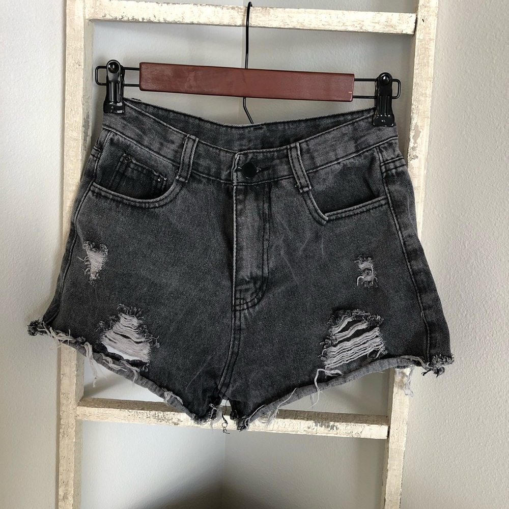 Black High Waisted Distressed Denim Shorts